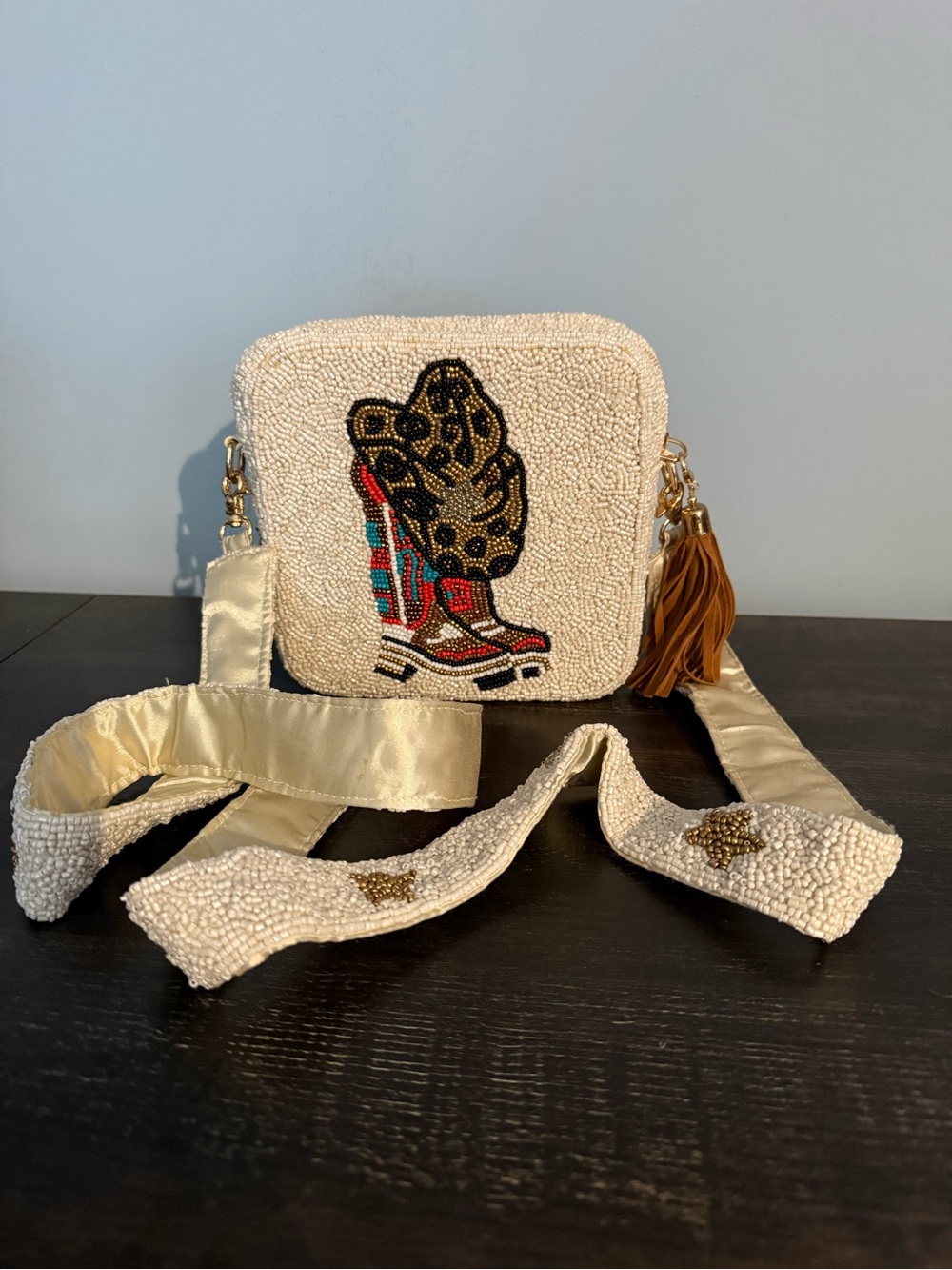 Beaded Cowboy Boot Crossbody Bag in Cream